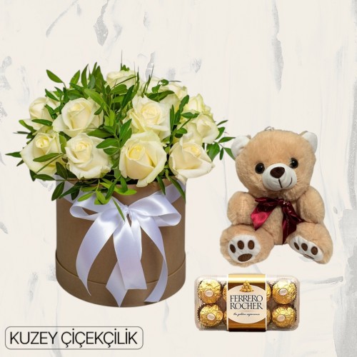 Kutuda 17 Beyaz Gül Ayıcık 16'lı Ferrero Çikolata