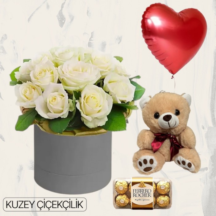 Kutuda 15 Beyaz Gül Ayıcık 16lı Ferrero Çikolata Kalp Helyum Balon