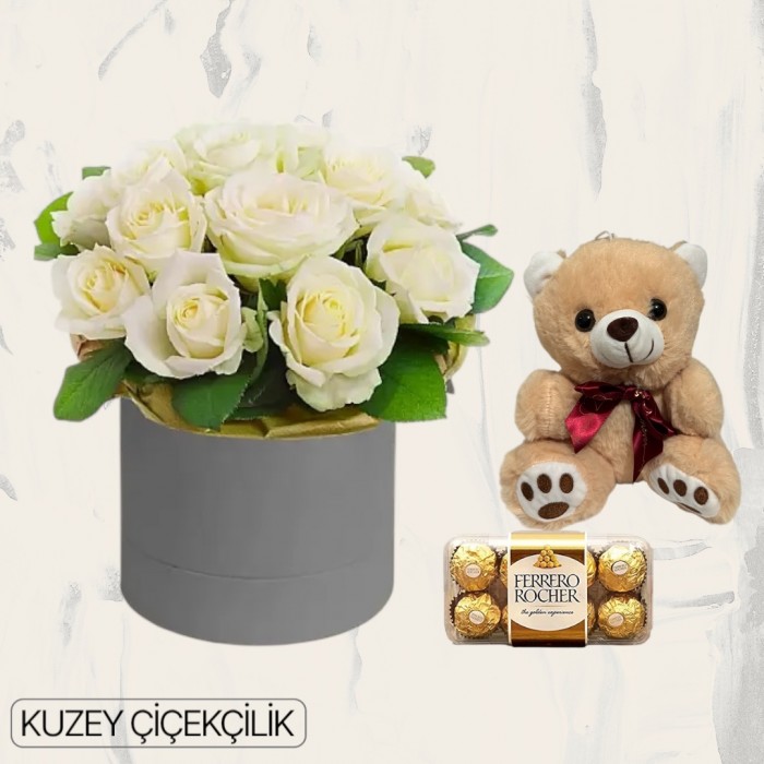 Kutuda 15 Beyaz Gül Ayıcık 16lı Ferrero Çikolata