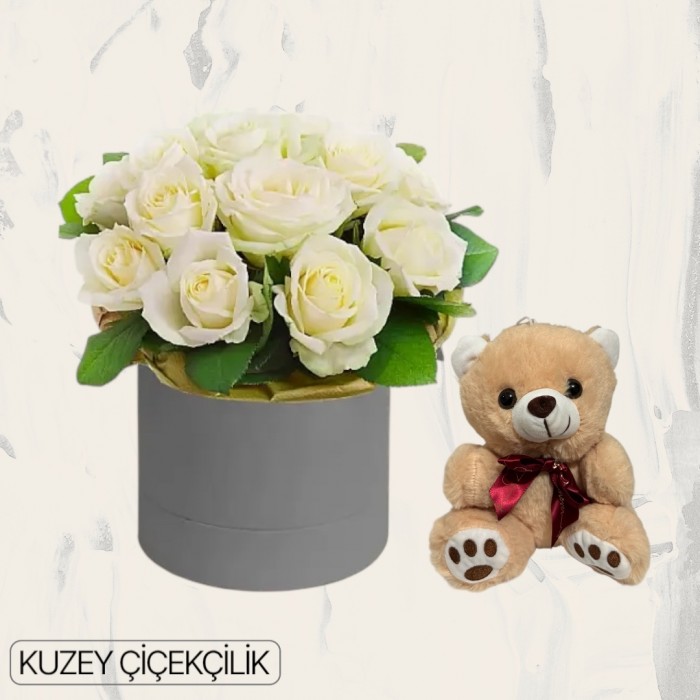 Kutuda 15 Beyaz Gül Ayıcık