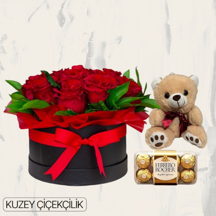 Kutuda 15 Kırmızı Gül Ayıcık 16lı Ferrero Çikolata