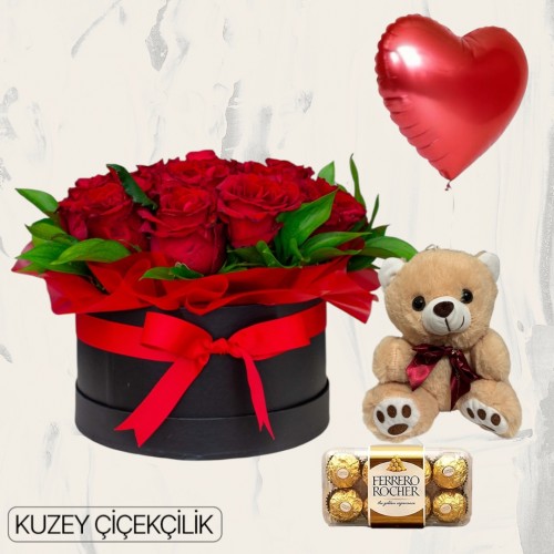 Kutuda 15 Kırmızı Gül Ayıcık 16'lı Ferrero Çikolata Kalp Helyum Balon