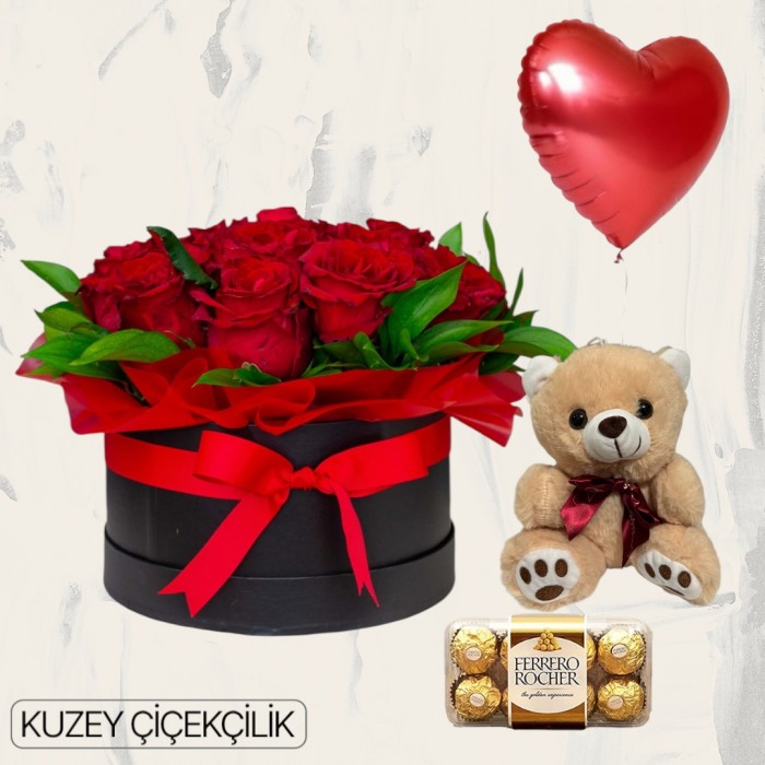 Kutuda 15 Kırmızı Gül Ayıcık 16lı Ferrero Çikolata Kalp Helyum Balon
