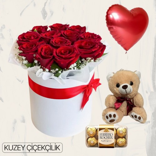Kutuda 13 Kırmızı Gül Ayıcık 16'lı Ferrero Çikolata Kalp Helyum Balon