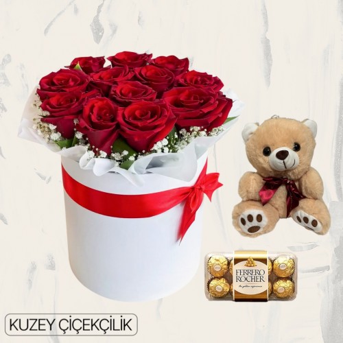 Kutuda 13 Kırmızı Gül Ayıcık 16'lı Ferrero Çikolata