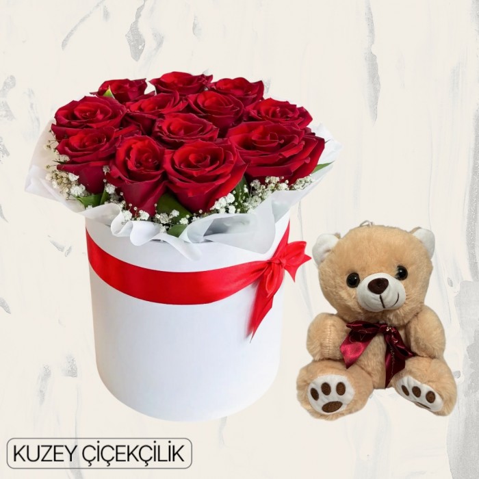 Kutuda 13 Kırmızı Gül Ayıcık