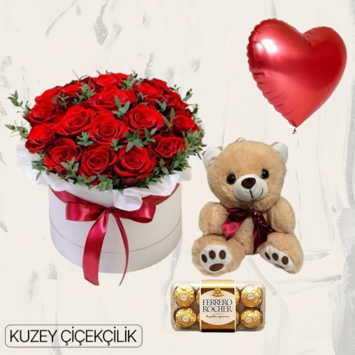 Kutuda 17 Kırmızı Gül Ayıcık 16'lı Ferrero Çikolata Kalp Helyum Balon