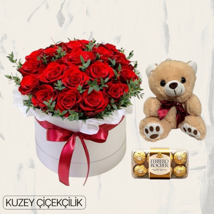 Kutuda 17 Kırmızı Gül Ayıcık 16lı Ferrero Çikolata