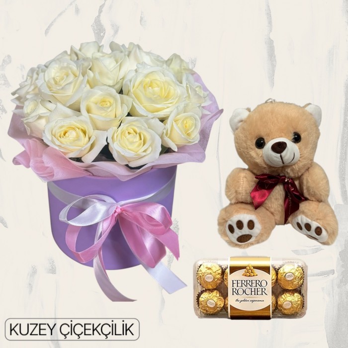 Kutuda 13 Beyaz Gül Ayıcık 16lı Ferrero Çikolata