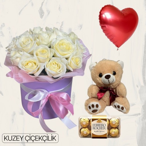 Kutuda 13 Beyaz Gül Ayıcık 16'lı Ferrero Çikolata Kalp Helyum Balon