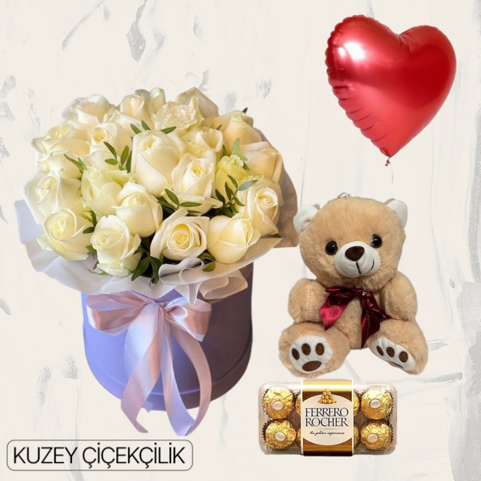 Kutuda 19 Beyaz Gül Ayıcık 16lı Ferrero Çikolata Kalp Helyum Balon
