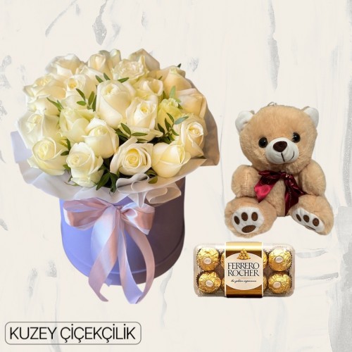 Kutuda 19 Beyaz Gül Ayıcık 16'lı Ferrero Çikolata