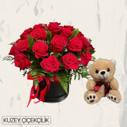 Kutuda 19 Kırmızı Gül Ayıcık