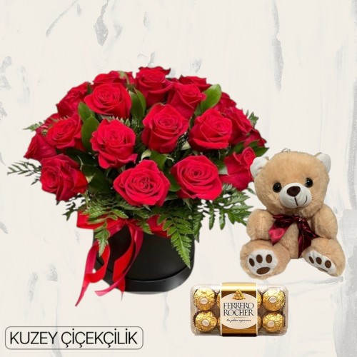 Kutuda 19 Kırmızı Gül Ayıcık 16'lı Ferrero Çikolata