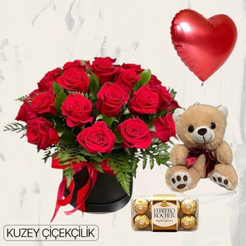 Kutuda 19 Kırmızı Gül Ayıcık 16'lı Ferrero Çikolata Kalp Helyum Balon
