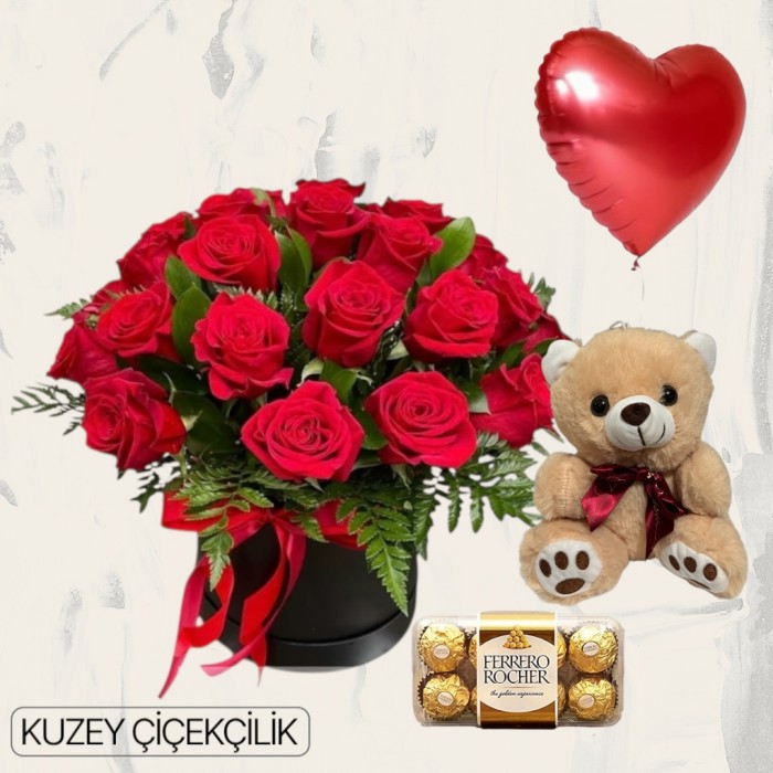 Kutuda 19 Kırmızı Gül Ayıcık 16lı Ferrero Çikolata Kalp Helyum Balon