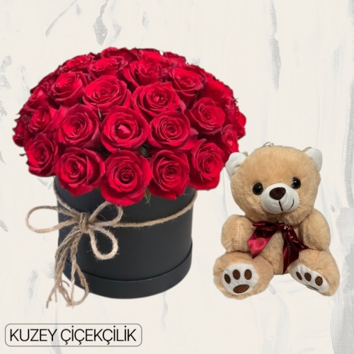 Kutuda 25 Kırmızı Gül Ayıcık