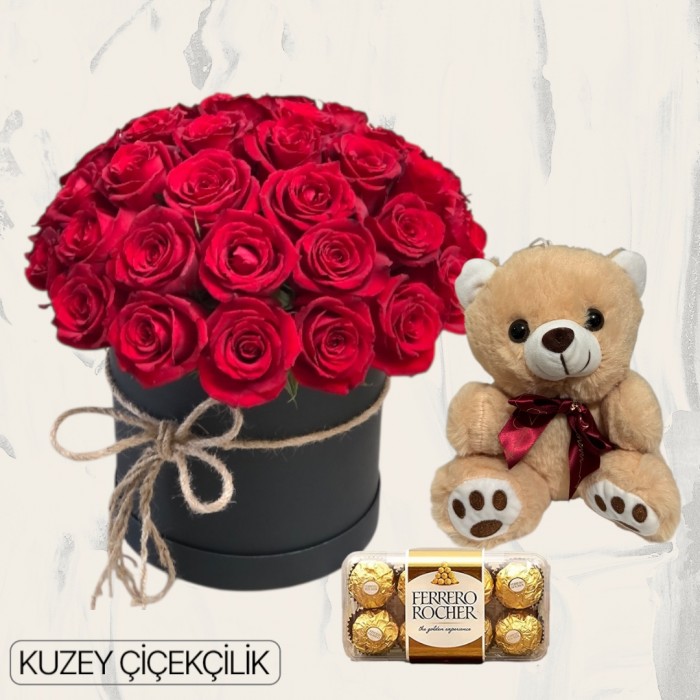 Kutuda 25 Kırmızı Gül Ayıcık 16lı Ferrero Çikolata