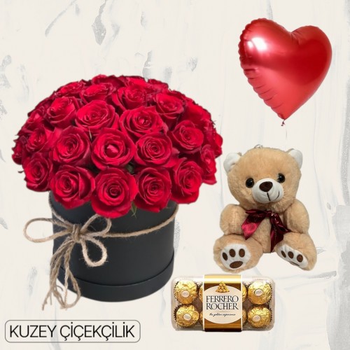 Kutuda 25 Kırmızı Gül Ayıcık 16'lı Ferrero Çikolata Kalp Helyum Balon