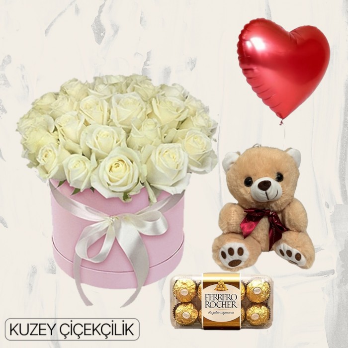 Kutuda 25 Beyaz Gül Ayıcık 16lı Ferrero Çikolata Kalp Helyum Balon