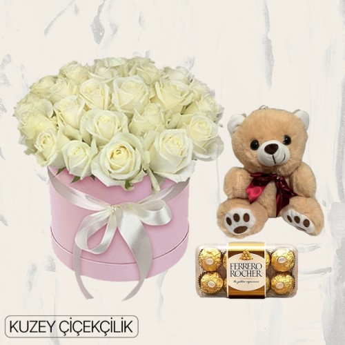 Kutuda 25 Beyaz Gül Ayıcık 16'lı Ferrero Çikolata