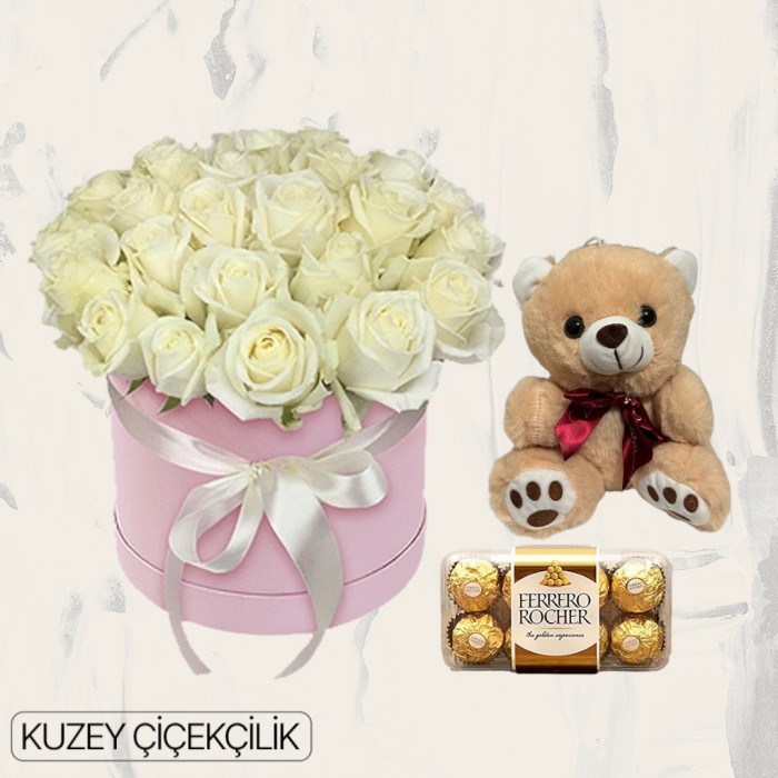 Kutuda 25 Beyaz Gül Ayıcık 16lı Ferrero Çikolata