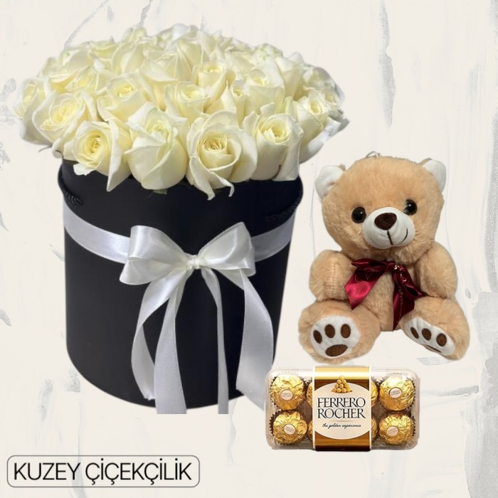 Kutuda 33 Beyaz Gül Ayıcık 16lı Ferrero Çikolata