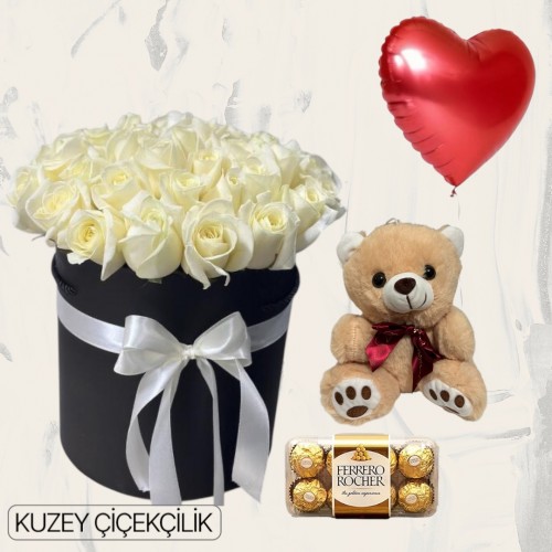 Kutuda 33 Beyaz Gül Ayıcık 16'lı Ferrero Çikolata Kalp Helyum Balon