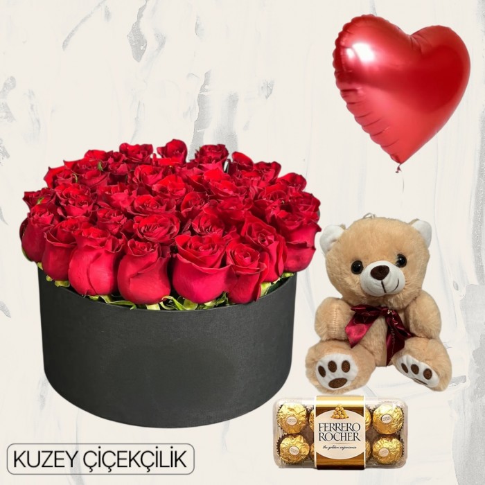 Kutuda 33 Kırmızı Gül Ayıcık 16lı Ferrero Çikolata Kalp Helyum Balon