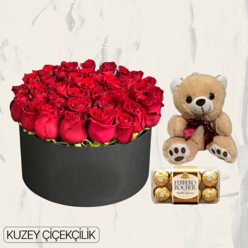 Kutuda 33 Kırmızı Gül Ayıcık 16'lı Ferrero Çikolata