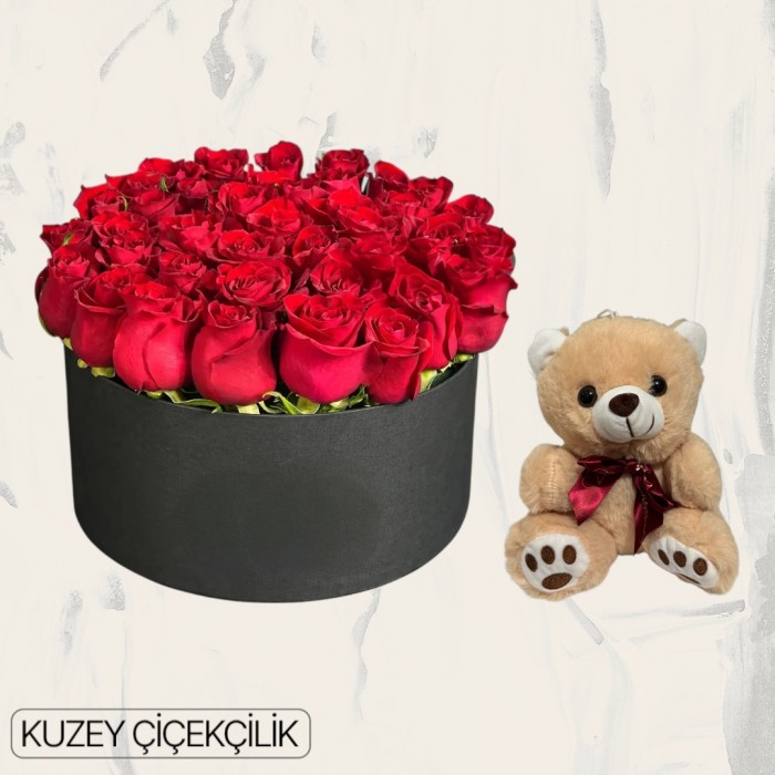 Kutuda 33 Kırmızı Gül Ayıcık