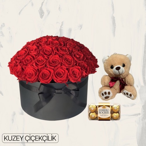 Kutuda 51 Kırmızı Gül Ayıcık 16'lı Ferrero Çikolata