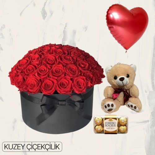 Kutuda 51 Kırmızı Gül Ayıcık 16'lı Ferrero Çikolata Kalp Helyum Balon