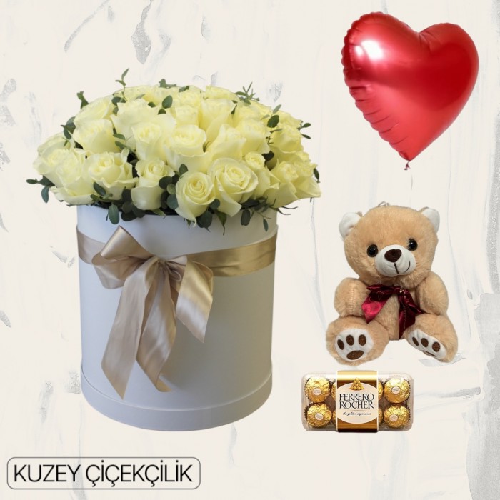 Kutuda 51 Beyaz Gül Ayıcık 16lı Ferrero Çikolata Kalp Helyum Balon