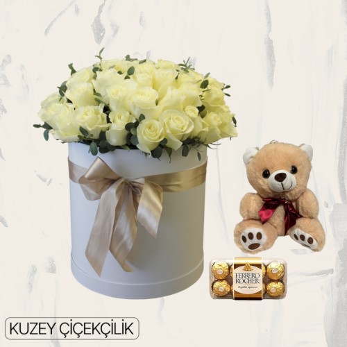 Kutuda 51 Beyaz Gül Ayıcık 16'lı Ferrero Çikolata