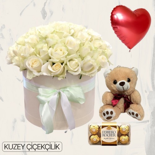 Kutuda 41 Beyaz Gül Ayıcık 16'lı Ferrero Çikolata Kalp Helyum Balon