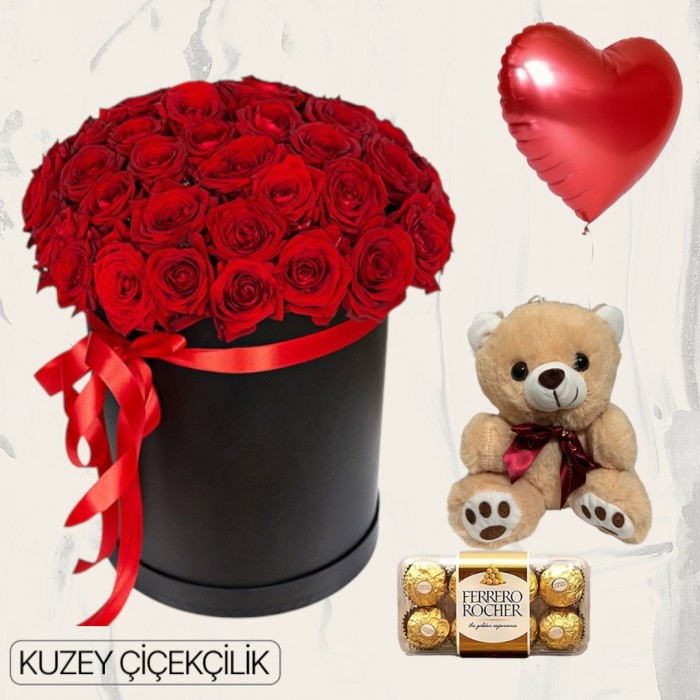 Kutuda 41 Kırmızı Gül Ayıcık 16lı Ferrero Çikolata Kalp Helyum Balon
