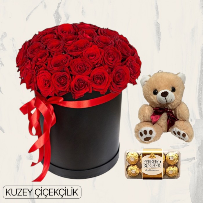 Kutuda 41 Kırmızı Gül Ayıcık 16lı Ferrero Çikolata