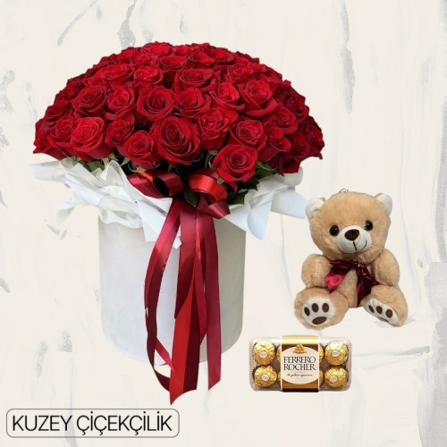 Kutuda 101 Kırmızı Gül Ayıcık 16'lı Ferrero Çikolata
