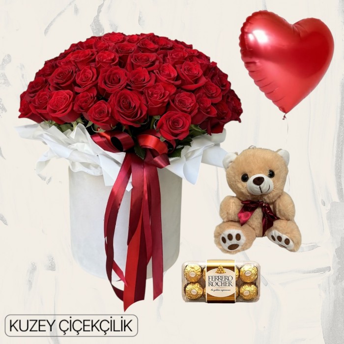 Kutuda 101 Kırmızı Gül Ayıcık 16lı Ferrero Çikolata Kalp Helyum Balon