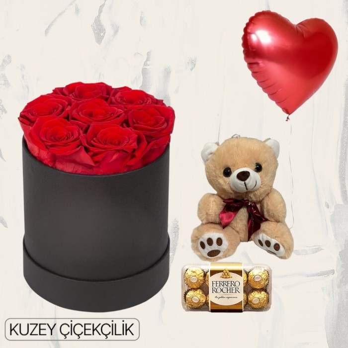 Kutuda 7 Kırmızı Gül Ayıcık 16lı Ferrero Çikolata Kalp Helyum Balon