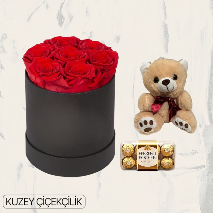 Kutuda 7 Kırmızı Gül Ayıcık 16lı Ferrero Çikolata