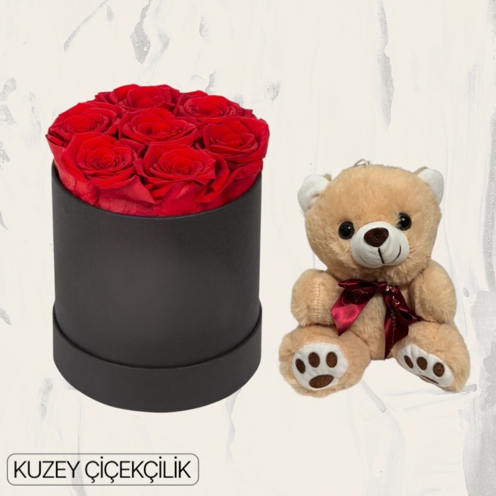Kutuda 7 Kırmızı Gül Ayıcık