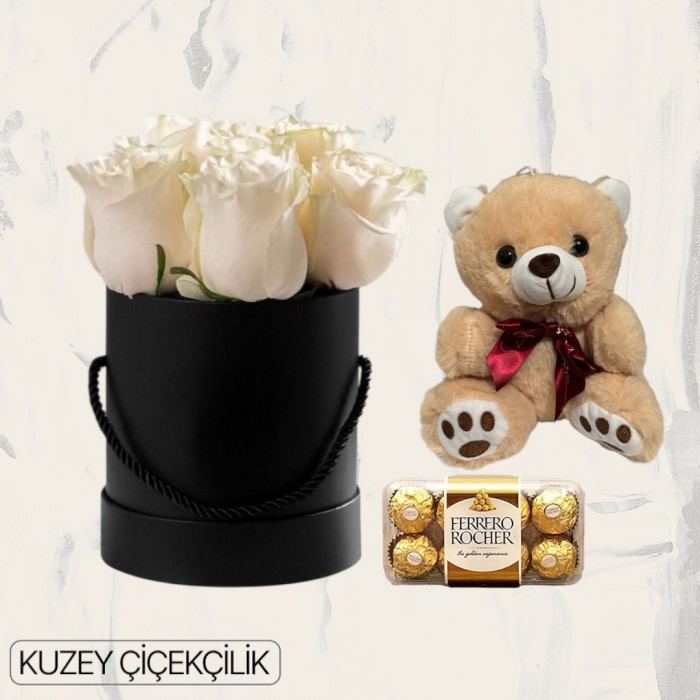 Kutuda 7 Beyaz Gül Ayıcık 16lı Ferrero Çikolata