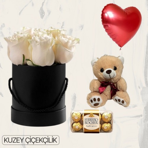 Kutuda 7 Beyaz Gül Ayıcık 16'lı Ferrero Çikolata Kalp Helyum Balon
