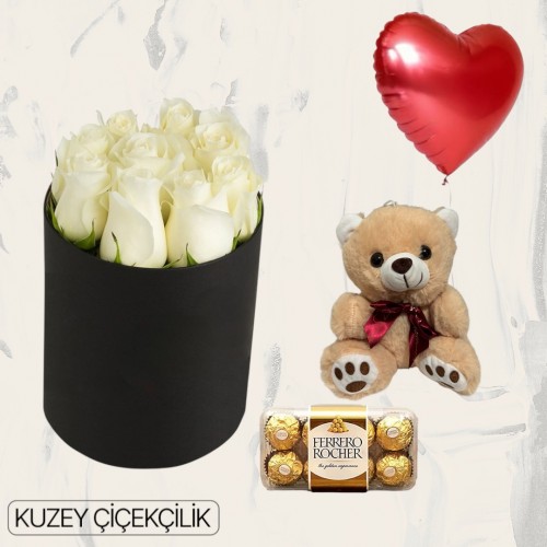Kutuda 9 Beyaz Gül Ayıcık 16'lı Ferrero Çikolata Kalp Helyum Balon
