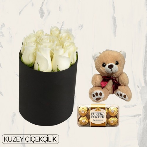Kutuda 9 Beyaz Gül Ayıcık 16'lı Ferrero Çikolata