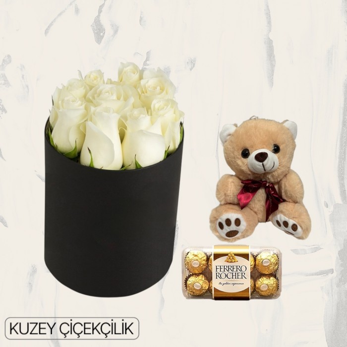 Kutuda 9 Beyaz Gül Ayıcık 16lı Ferrero Çikolata
