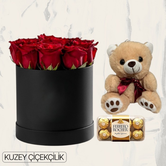 Kutuda 9 Kırmızı Gül Ayıcık 16lı Ferrero Çikolata