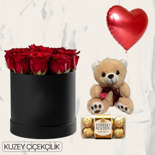 Kutuda 9 Kırmızı Gül Ayıcık 16'lı Ferrero Çikolata Kalp Helyum Balon